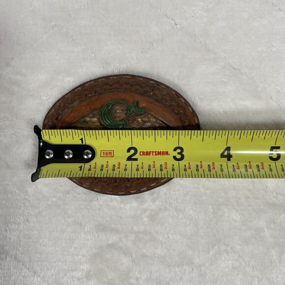 Vtg Leather Oval Belt Buckle S Hand Painted Stitched Wrapped Edge Boho Western - Picture 5 of 5